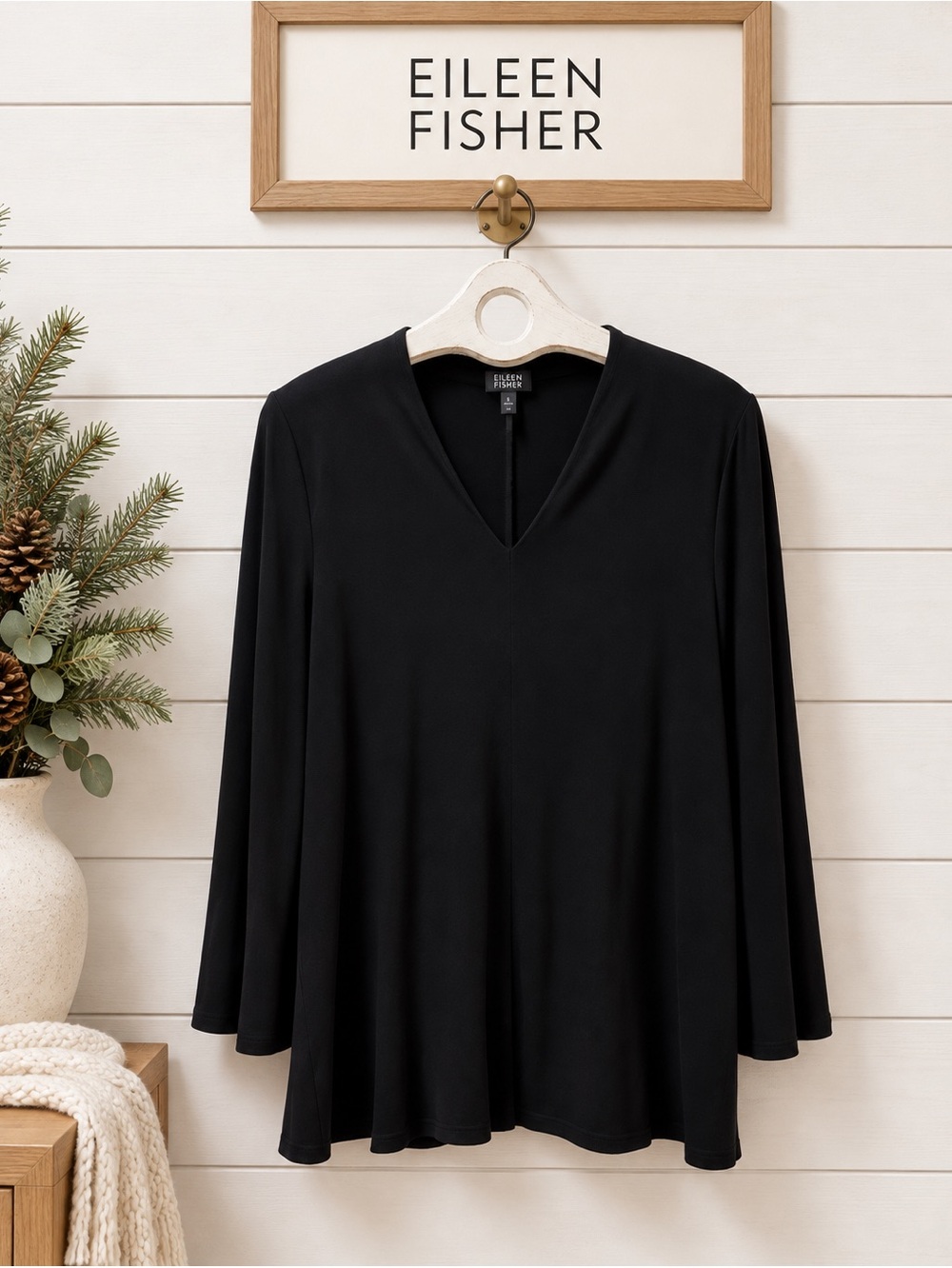 Eileen Fisher Black Raw-Edge V-Neck Top – Size M